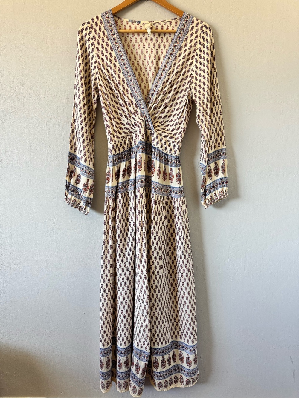 Raga Bohemian Cream & Blue Printed Maxi Dress w/ 2x The Side Slit Prairie